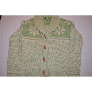 Women's Size Medium 100% Wool Handknit Cardigan Toggle Fair Isle Green Shawl